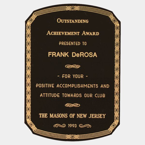 7 1/8" x 10 1/8" Laserable Brass Plate with Notched Corners, Rounded Top and Bottom, Design Border and Four Holes (Fits P1091) Thumbnail