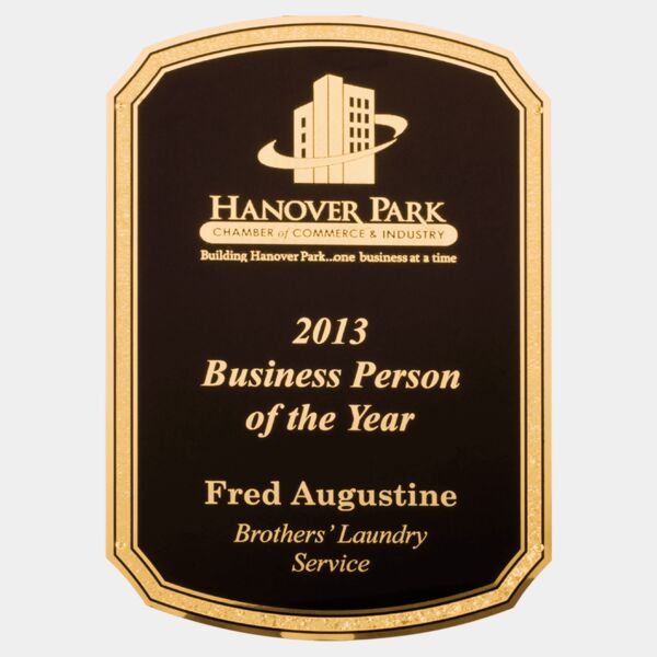 7 1/8" x 10 1/8" Textured LaserFX Brass Plated Steel Plate with Notched Corners, Rounded Top and Bottom, Florentine Border and Four Holes Thumbnail