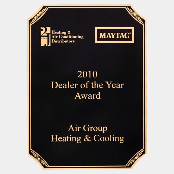 6" x 8 1/2" Laser Engravable Brass Plated Steel Plate with Notched Corners, Sunburst Design Borders and Four Holes Thumbnail