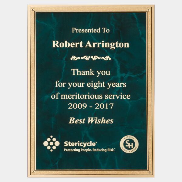 6" x 8" Emerald Marble Brass Plated Steel Plate with 4 Holes and Florentine Border Thumbnail