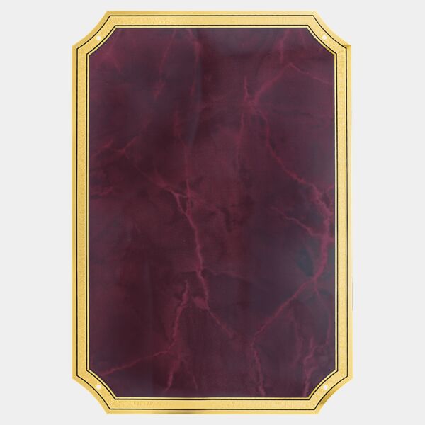 6" x 8 1/2" Ruby Marble Brass Plated Steel Plate with Four Holes, Notched Corners, and Florentine Design Border Thumbnail