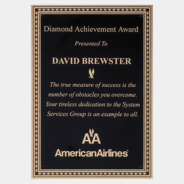 6 1/4" x 8 3/4" Laser Engravable Brass Plated Steel Plate with Diamond Florentine Border and Four Holes Thumbnail