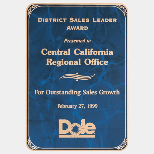 7" x 10" Airflyte Sapphire Marble Laser Engravable Brass Plated Steel Plate with Rounded Corners, Florentine Border and Four Holes Thumbnail