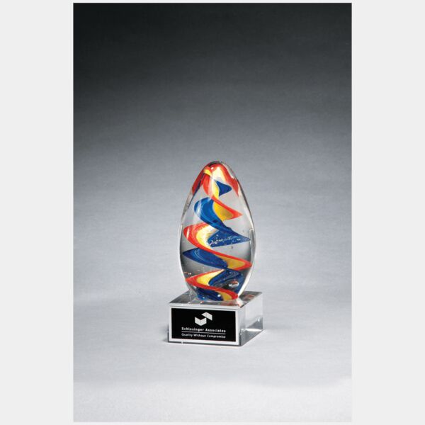 6" Colorful Egg Shaped Art Glass on Glass Base with Laserable Aluminum Plate Thumbnail