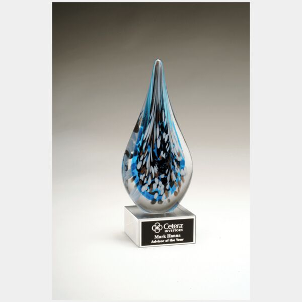 10" Multi-Colored Teardrop Art Glass on Glass Base with Laserable Aluminum Plate Thumbnail